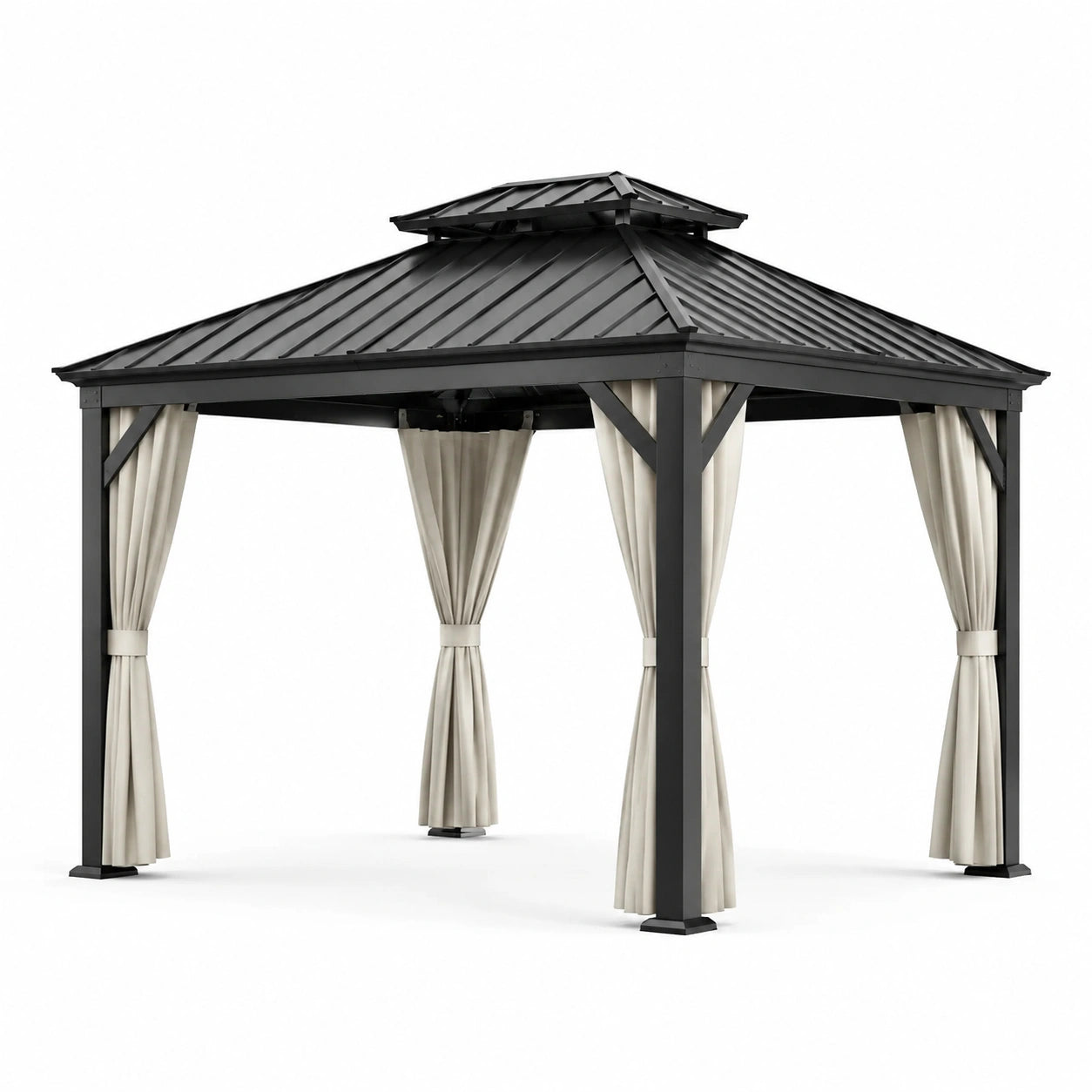 Pavillon de jardin en aluminium avec toit en acier et rideaux en polyester