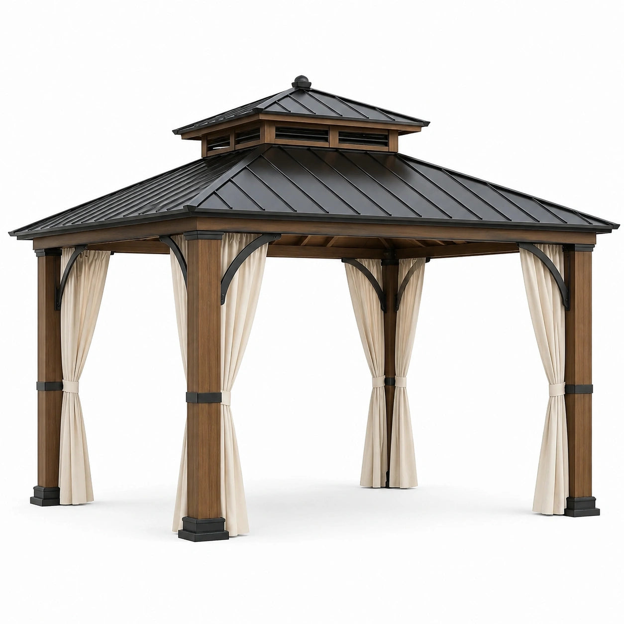 Pavillon de jardin en bois et métal avec rideaux polyester 3x3m