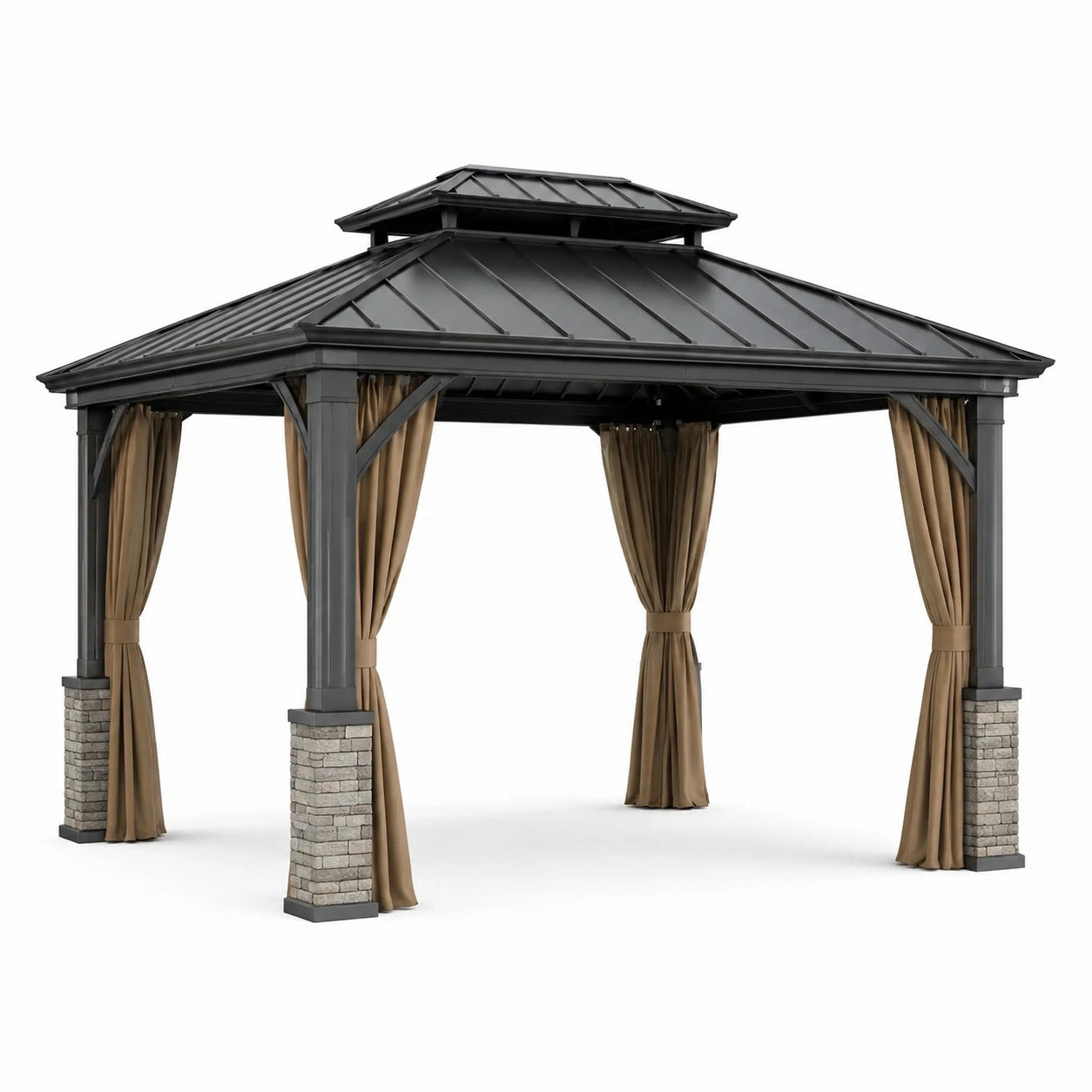 Pavillon de jardin en aluminium avec toit en acier et rideaux en polyester