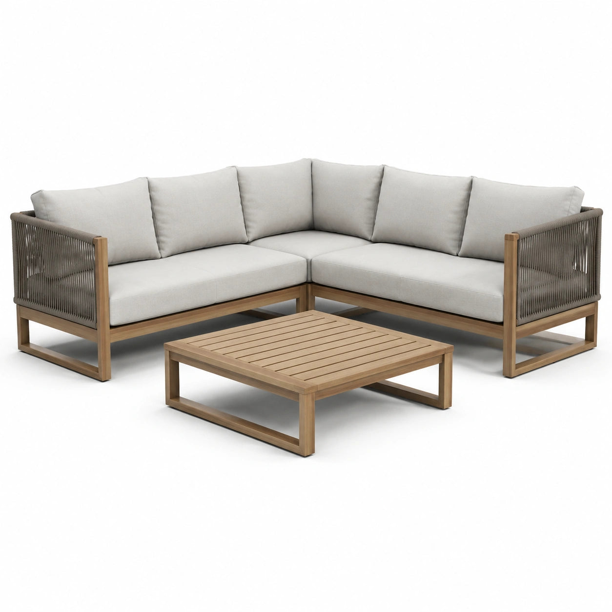 Ensemble de canapé d'angle en bois avec coussins polyester gris et table basse