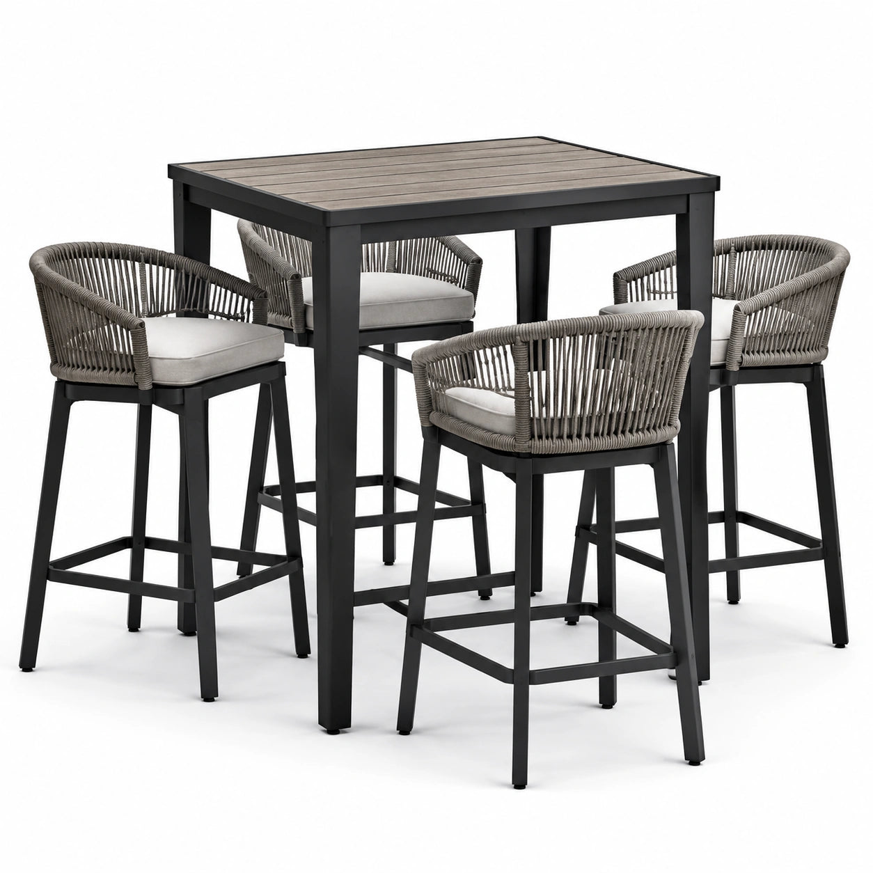 Ensemble table haute aluminium avec tabourets en corde polyester 4 pièces