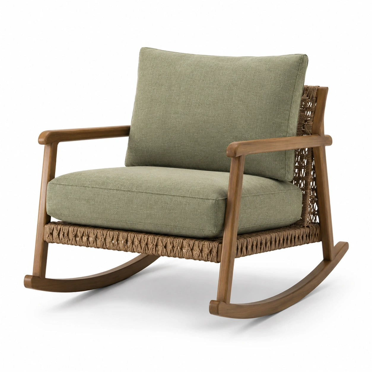 Fauteuil à bascule en bois avec coussins en polyester verts